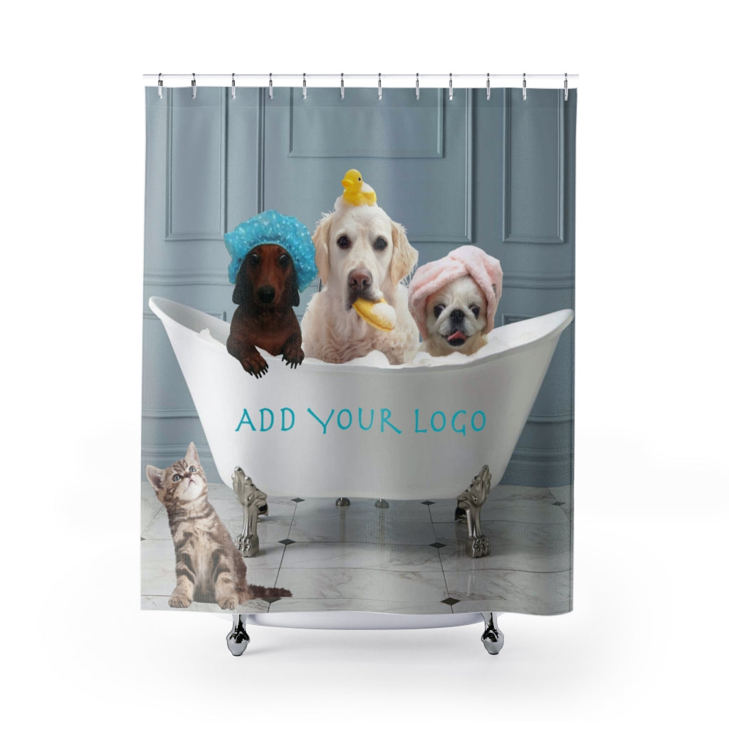 3 Dogs in a Tub Shower Curtain with YOUR LOGO
